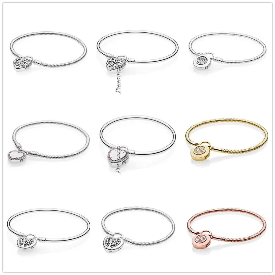 

Premium Women's Fashion Jewelry 925 Sterling Silver Rose Signature Padlock Smooth Snake Chain Bracelet for Pandora Feminine Char