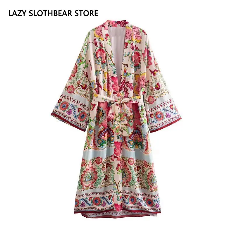 

Женский кардиган с цветочным принтом, Длинная блузка с расклешенными рукавами, кимоно с открытым стежком, пальто, рубашка