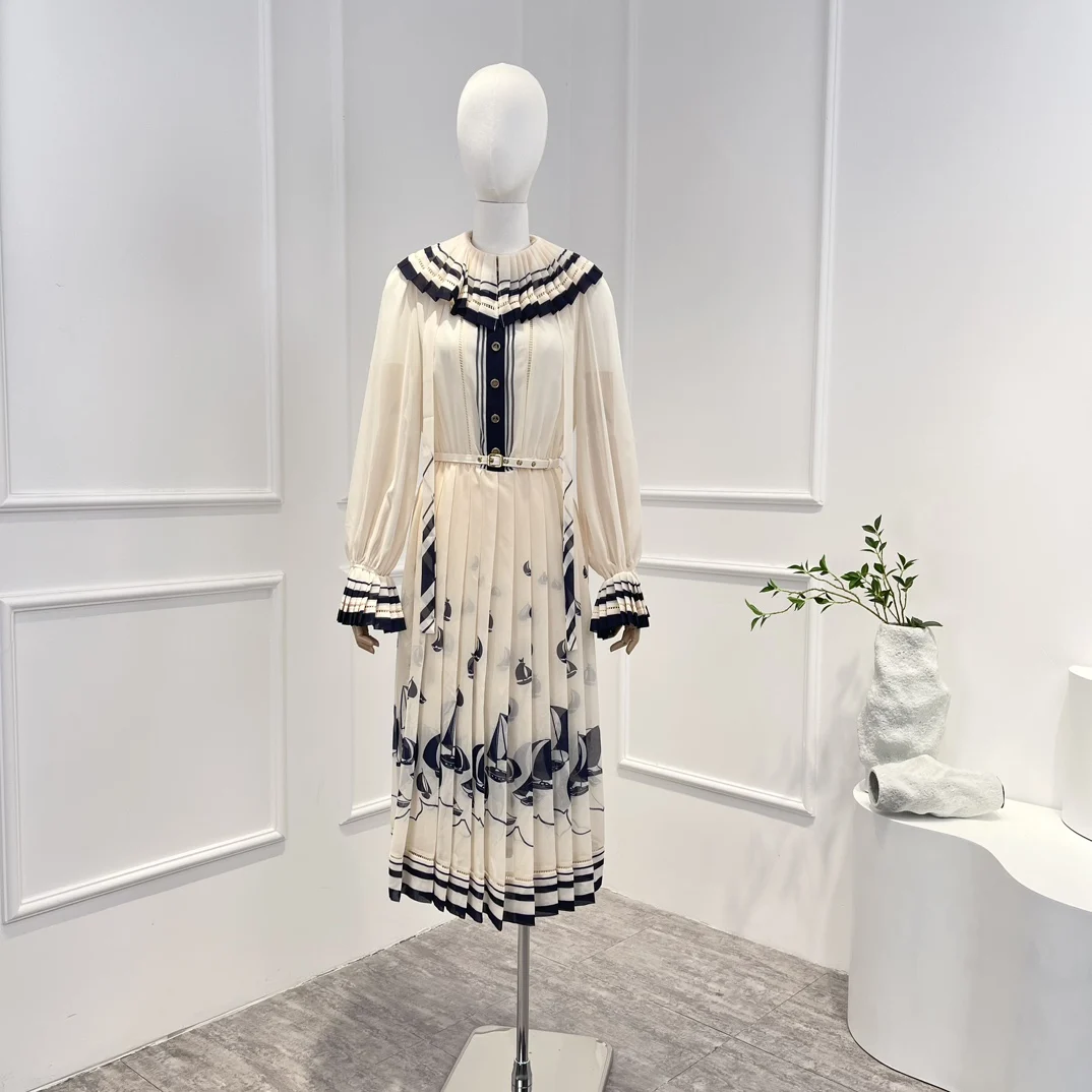

Женское однотонное платье миди, повседневное высококачественное Плиссированное Платье с принтом парусника, поясом, пуговицами и рюшами на манжетах, весна-лето 2023
