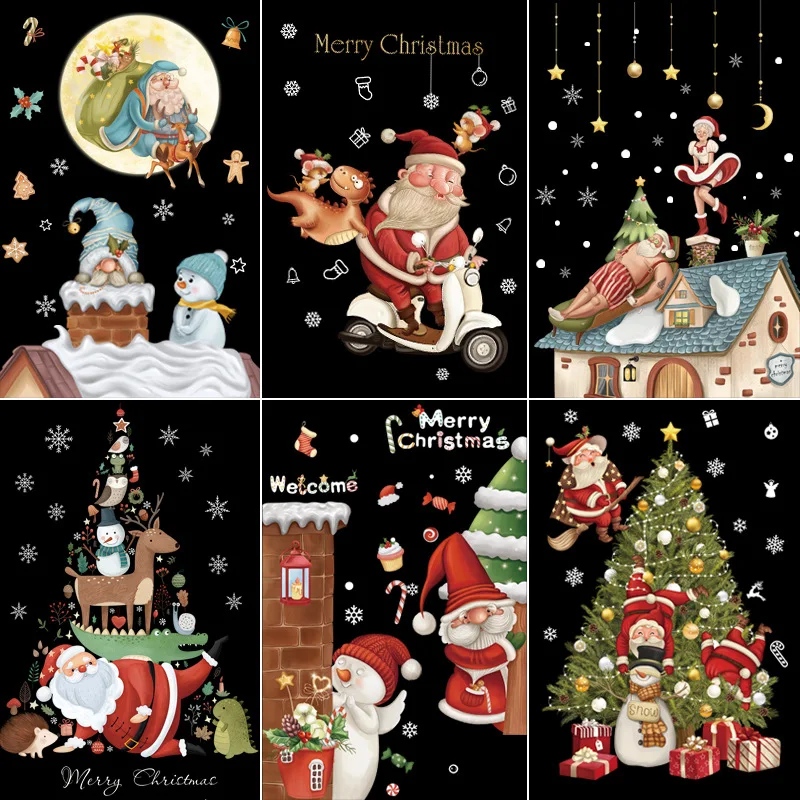 

Christmas Snowflake Window Sticker Cartoon Santa Claus Snowman Elk Xmas Tree Glass Wall Sticker Merry Christmas Happy New Year