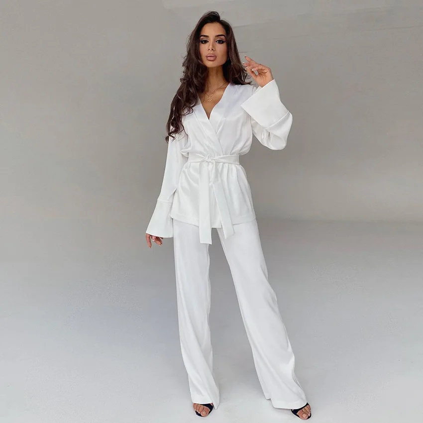 Satin Pajamas for Women French Style Skin-friendly Lace-up Cardigan Loose Solid Pants Home Clothes Nightwear Womens 2-piece Sets