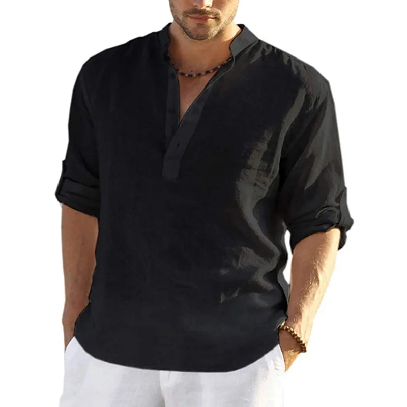 

Рубашка мужская повседневная из хлопка и льна, Свободная блуза с длинным рукавом, однотонная красивая, весна-осень 2023