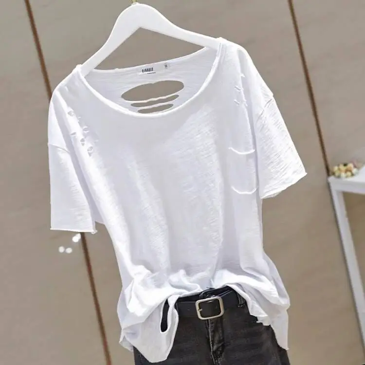 Рваная футболка с коротким рукавом женская Ins2024 весеннее свободная хлопковая