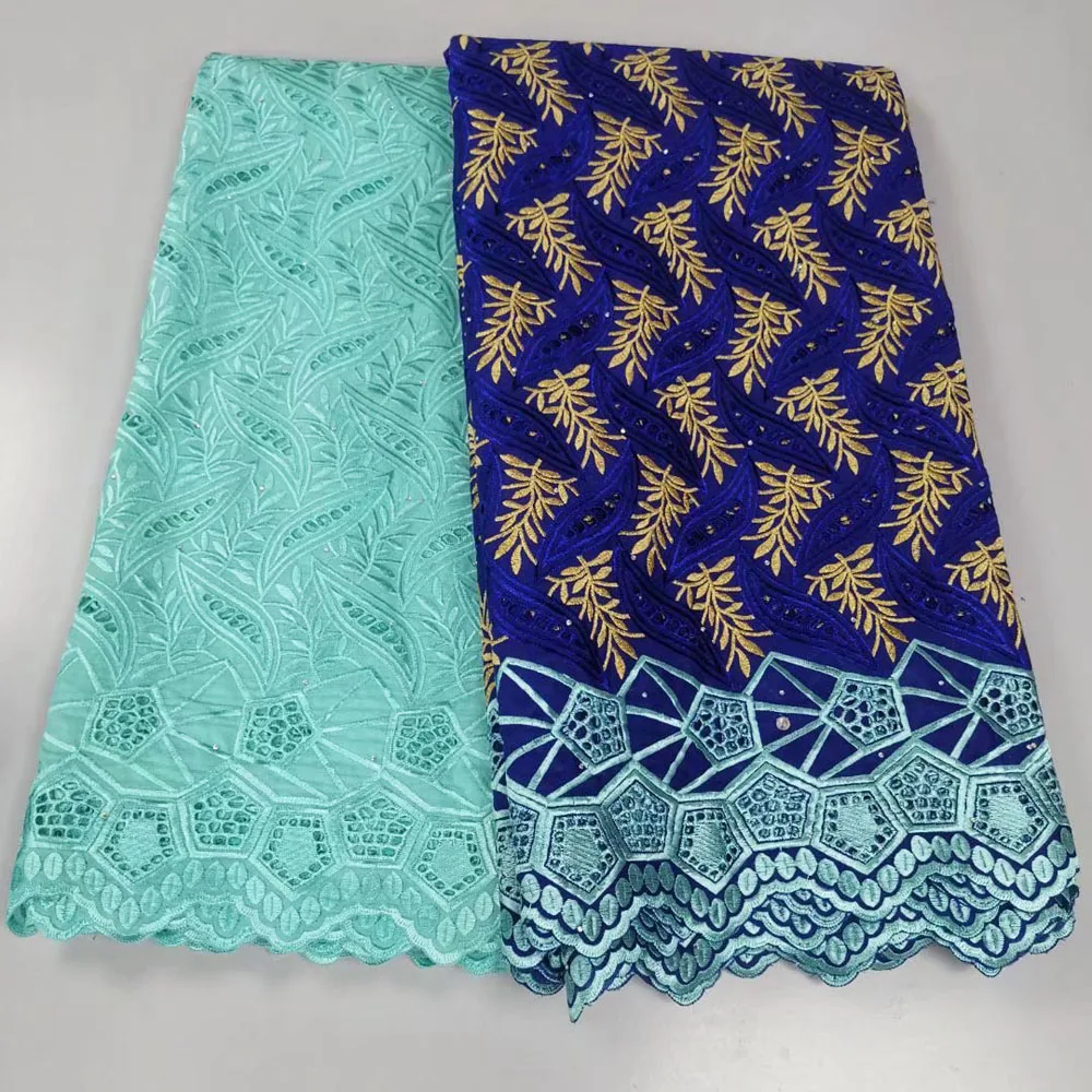 2.5+2.5 Yards Swiss Lace Fabrics Fashion Style Good Quality African Swiss 100%Cotton Lace Fabric With Stone Dubai Style