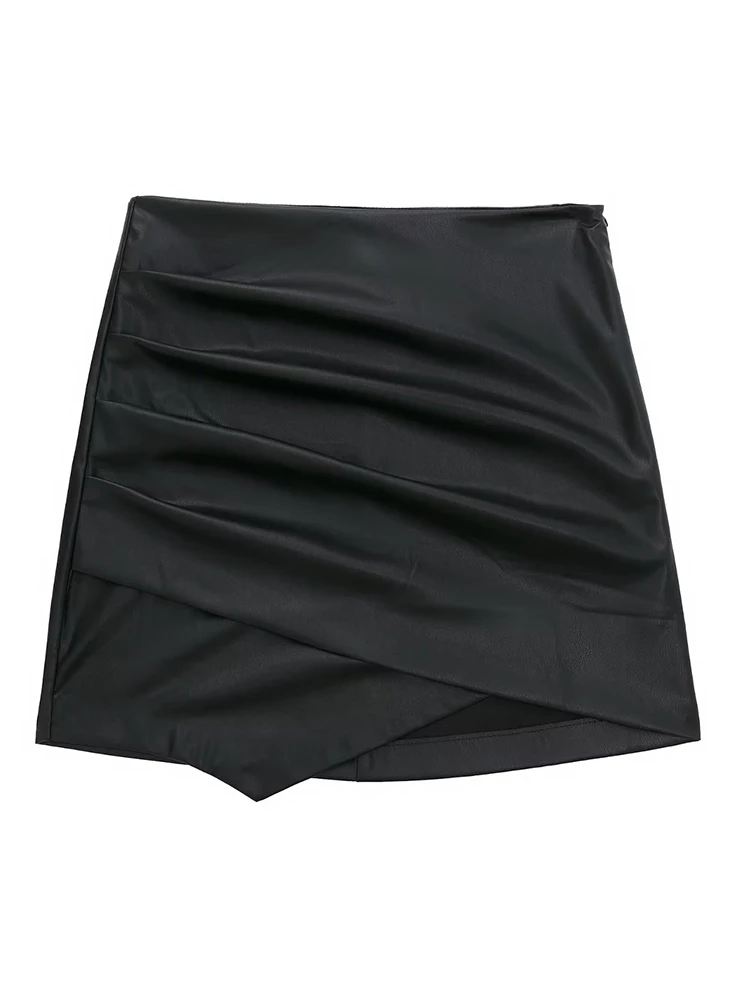 

2022 New Women Black Faux Leather Pleated Skirt Side Zipper Female High Waist Mini Skirts