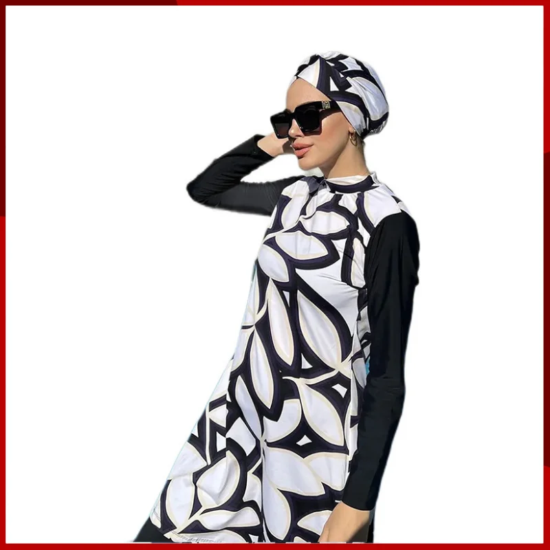

2023 Digital Printed Long Sleeve Pants Conservative Muslim Swimwear Middle Eastern Arab Three Piece Set with Hat