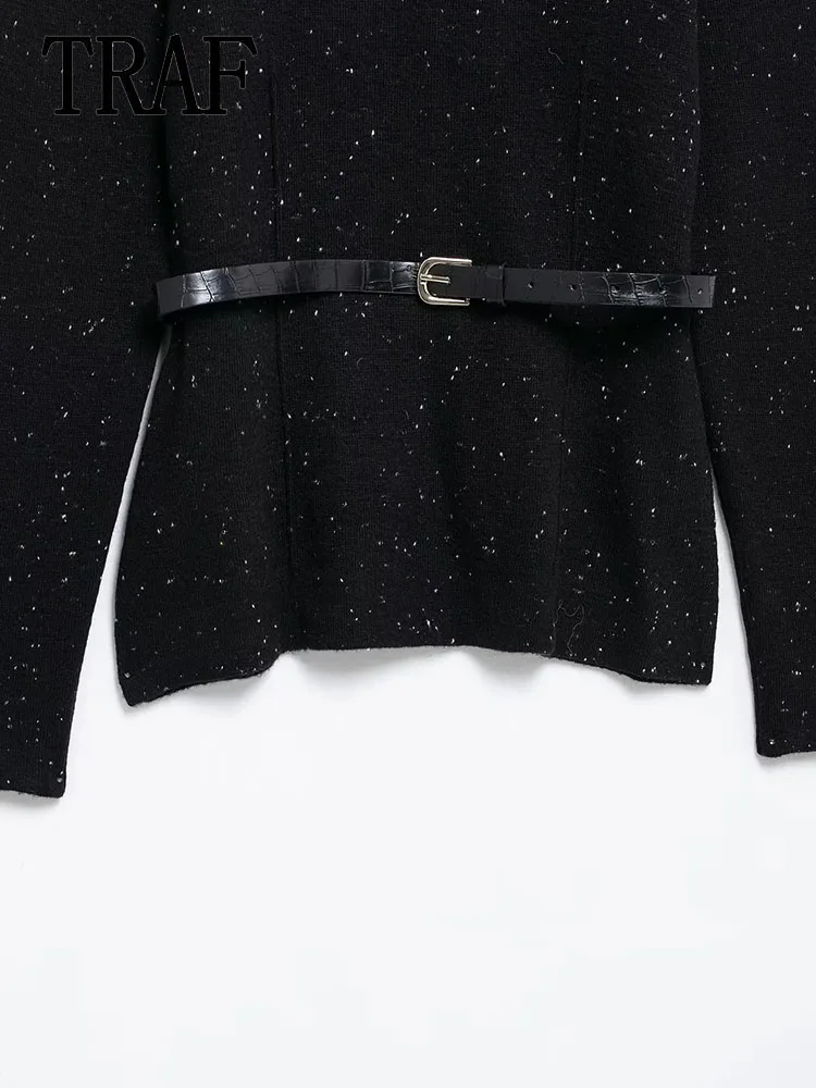 TRAF женский вязаный свитер с воротником-стойкой новый осенний декоративный пояс