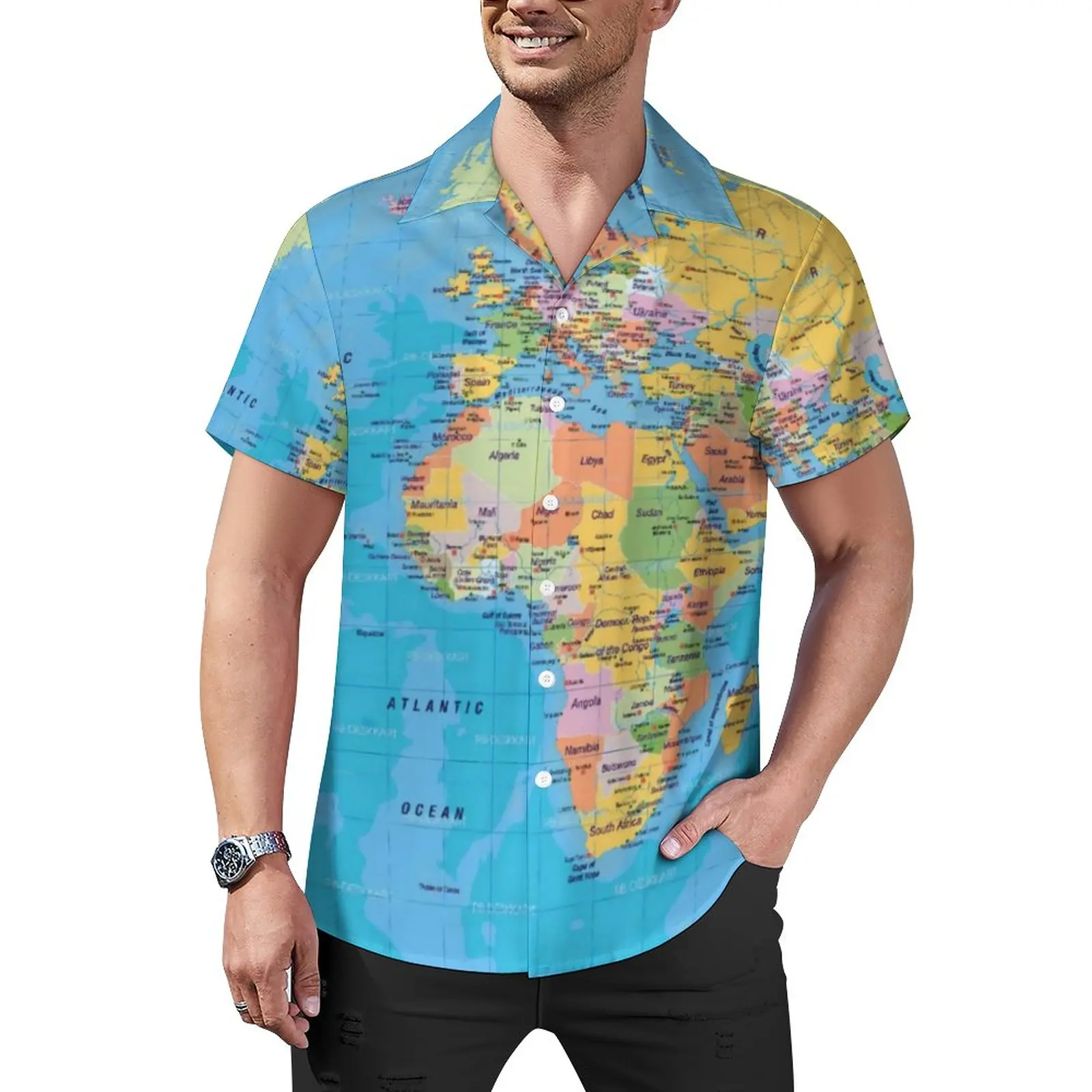 

Earth Map Blouses Mens World Maps Print Casual Shirts Summer Short Sleeve Design Trendy Oversized Beach Shirt Gift Idea