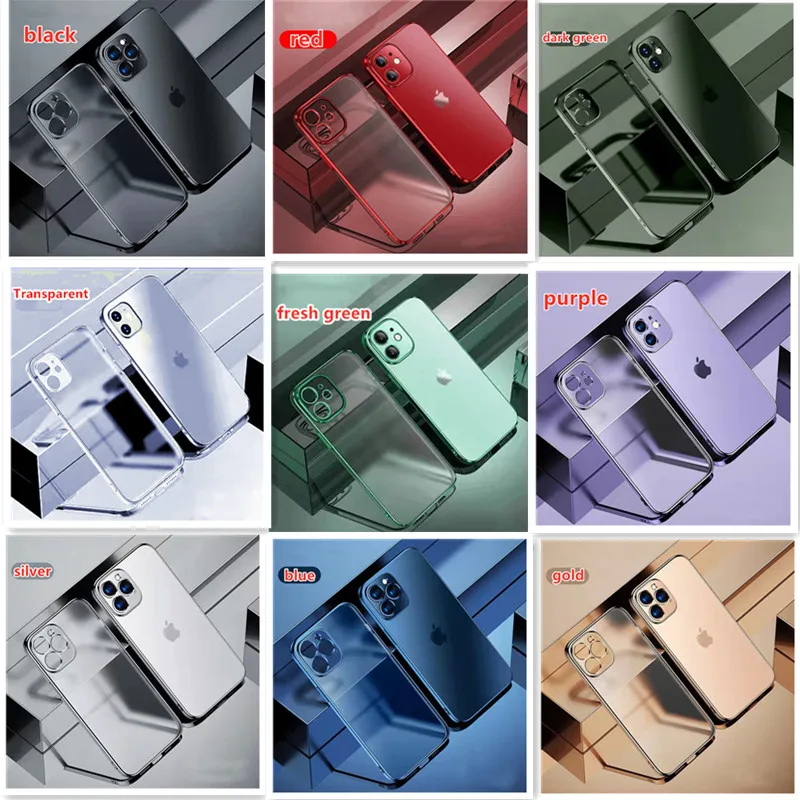 

Luxury Plating Square Frame Silicone Transparent Case on For iPhone 11 12 13 Pro Max Mini X XR 7 8 Plus SE 2020 Clear Back Cover