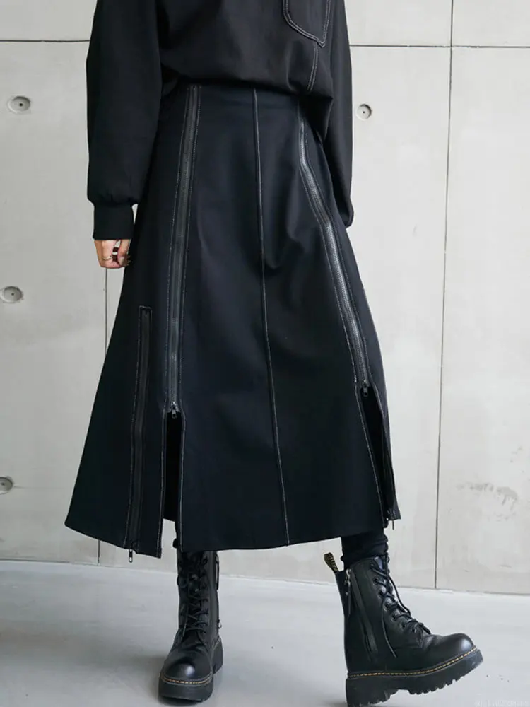 

2023 Autumn Womens Vintage Casual Skirts Korean Style Ladies Harajuku Black Loose Clothes Zipper Fanshion Design Skirt
