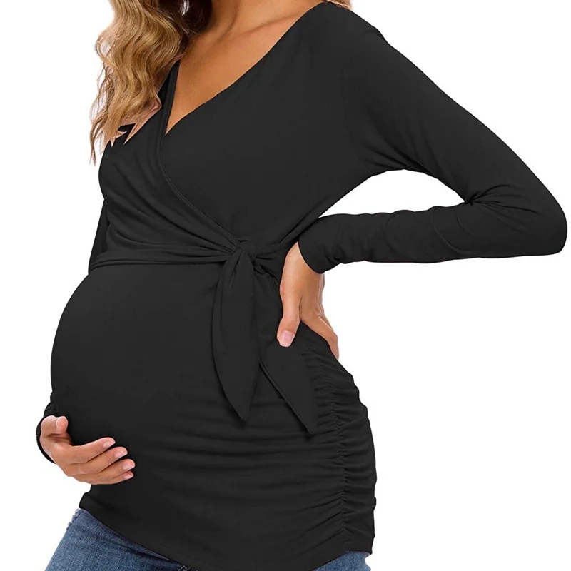 Solid Maternity Clothes Nursing Tops V-Neck Breastfeeding Tees Pregnant Tshirt Spring & Autumn Long Sleeve Pregnancy Outing Wear enlarge