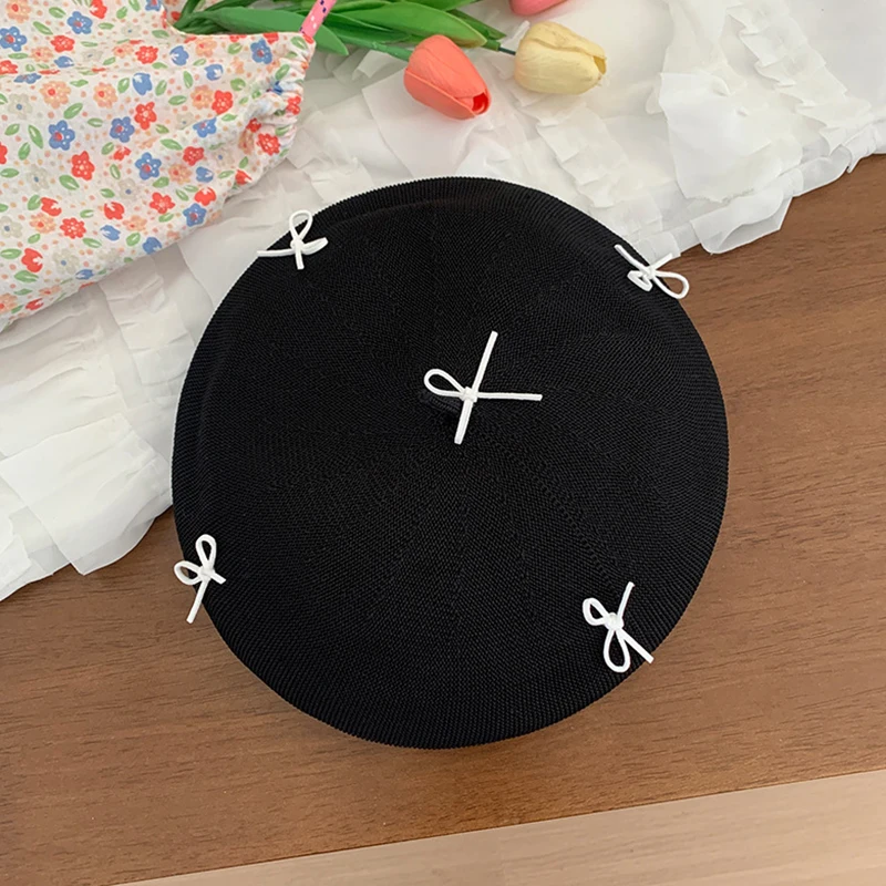 Осенне-весенние вязаные береты с милым бантом для женщин тонкие полые дышащие