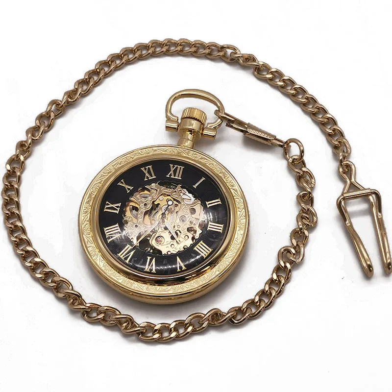 Round Vintage Mechanical Pocket Watch Strap Chain Pendant Clock Men's Ladies Premium Roman Numeral Display Gift