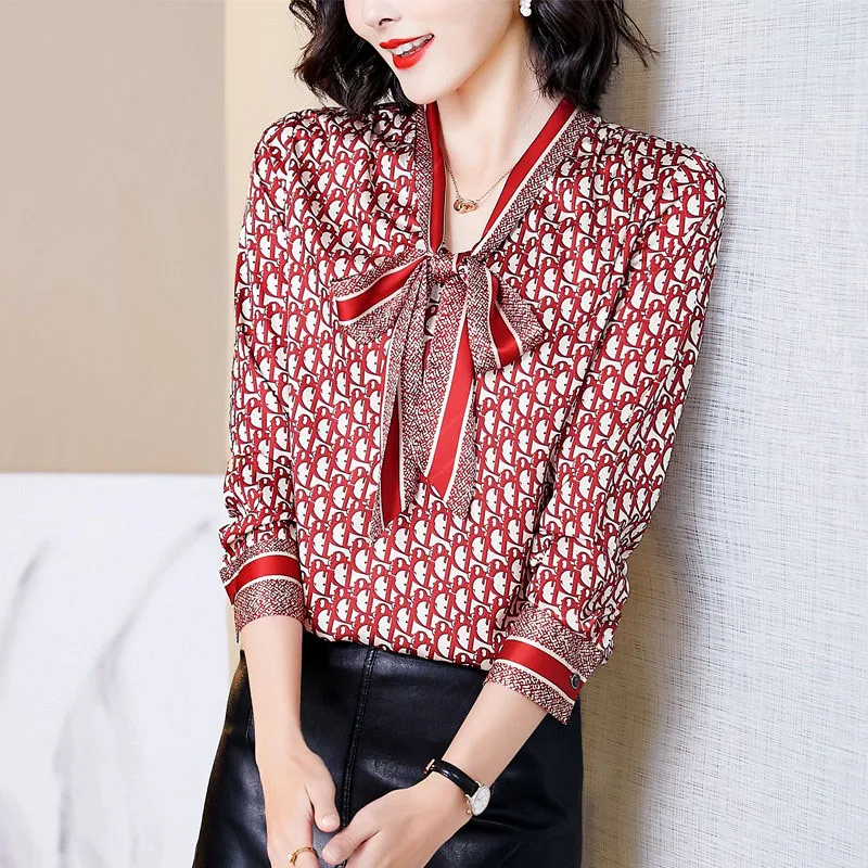 

Elegant V-Neck Printed Lace Up Bow Chiffon Blouse Women's Clothing 2023 Spring New Casual Pullovers Loose Office Lady Shirt