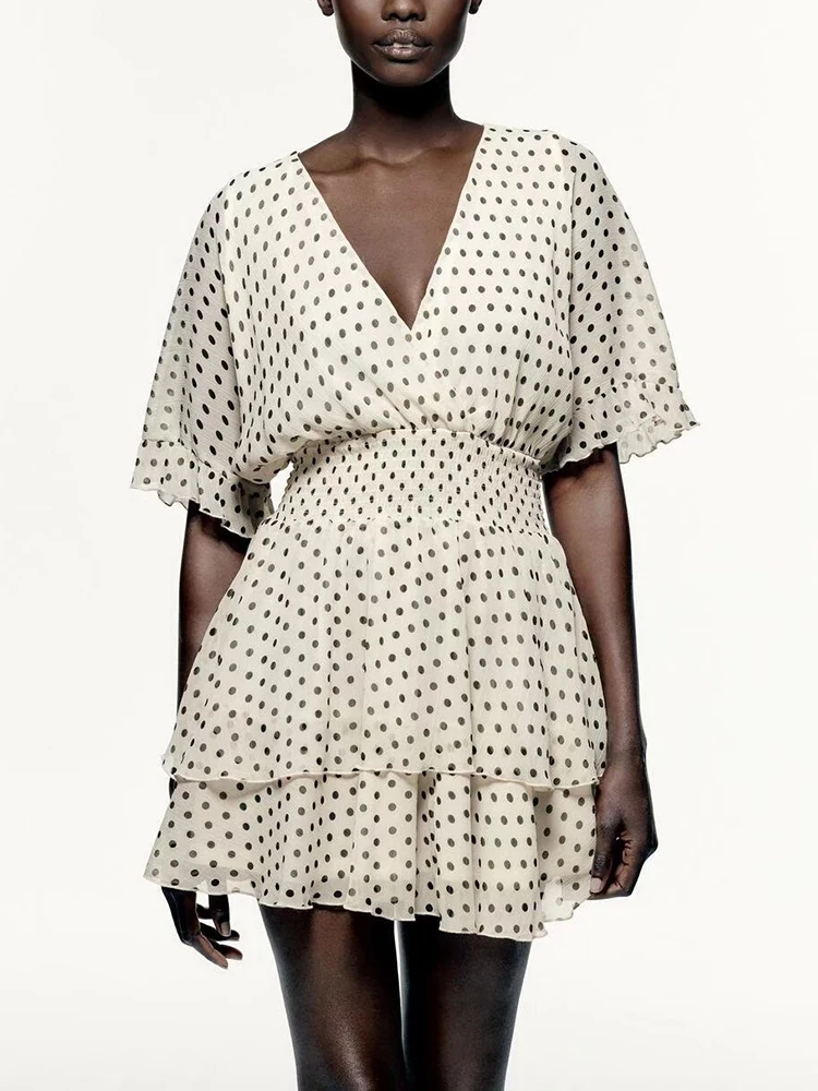 

Женские платья в горошек TFMLN 2022, элегантное вечернее плиссированвечерние платье с пышными рукавами и V-образным вырезом, Женская Повседневн...