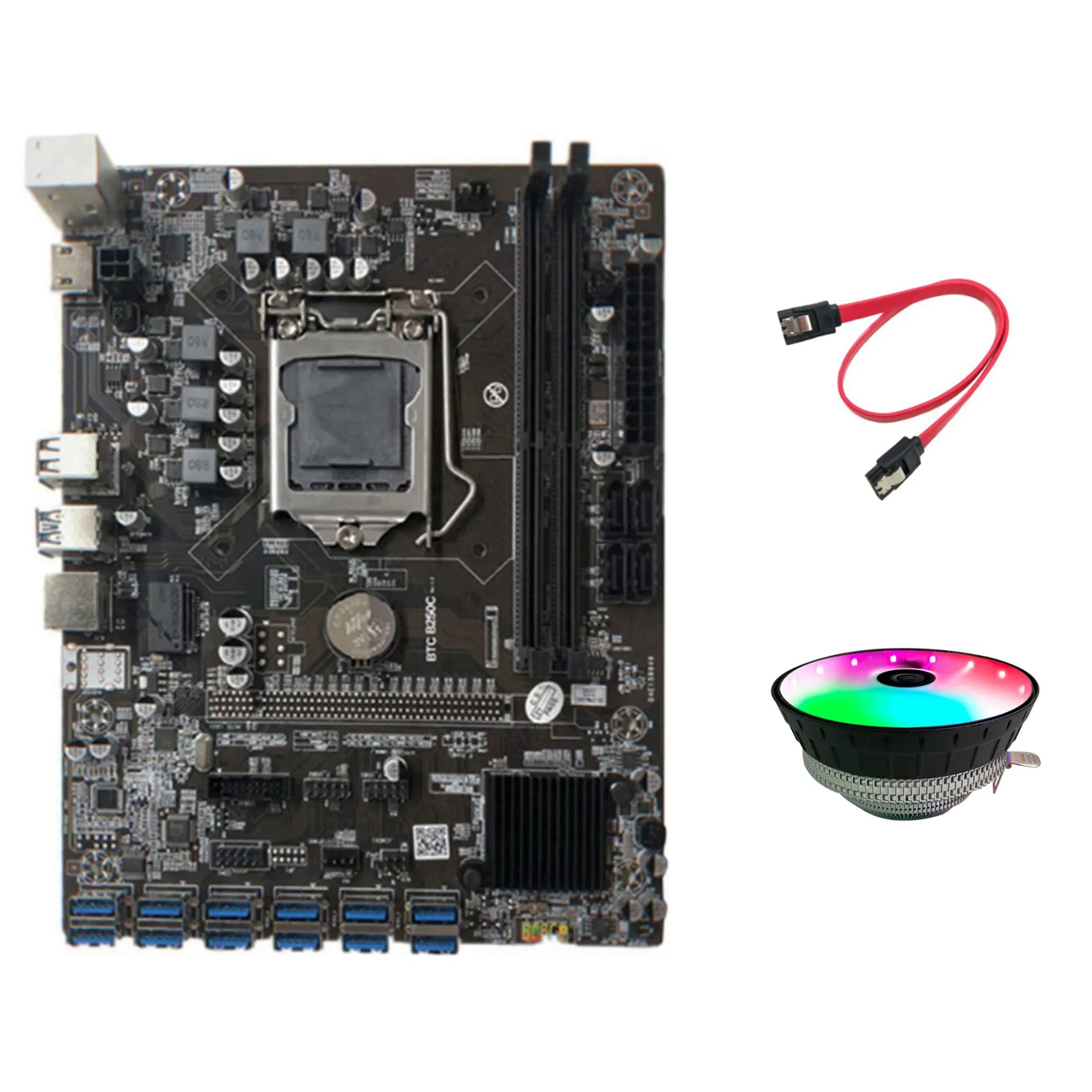 

BTC B250C Mining Motherboard with RGB Cooling Fan+SATA Cable 12 PCIE to USB3.0 Graphics Card Slot LGA1151 Supports DDR4
