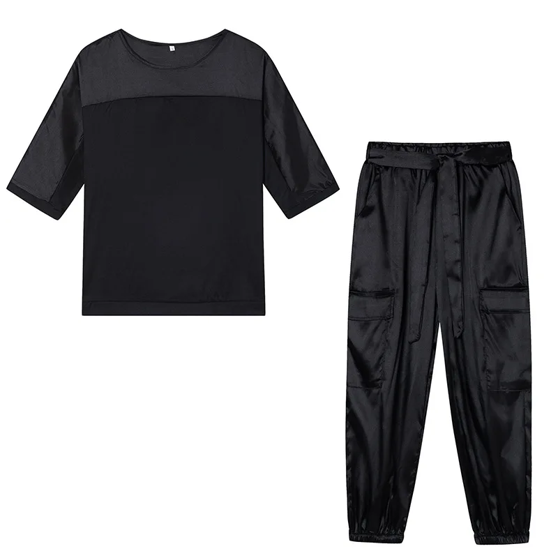 Новинка 2024 Модный женский Гладкий Атласный топ с рукавом до локтя и брюки костюм