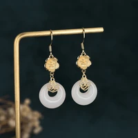 china style earrings ccopper gold plated inlaid white hetian jade earrings gold pistil flower earrings women ear jewelry 45mm