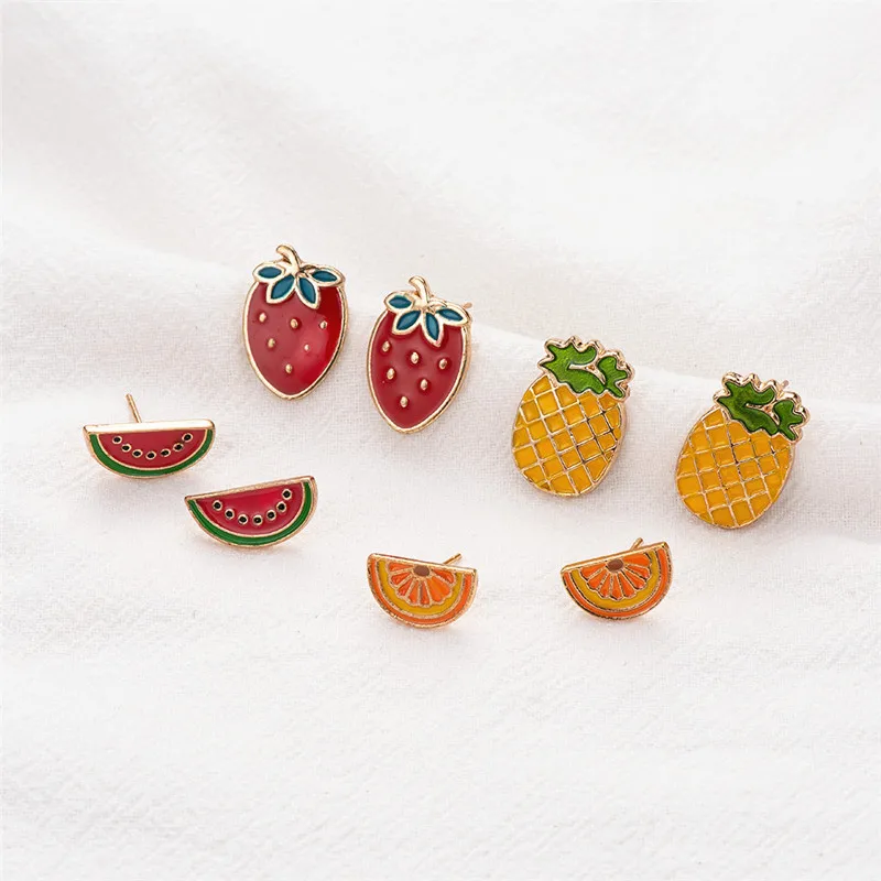 

Lovely Small Fruit Stud Earrings For Women Girls Simple Alloy Mini Watermelon Strawberry Pineapple Ear Stud Jewelry Mujer