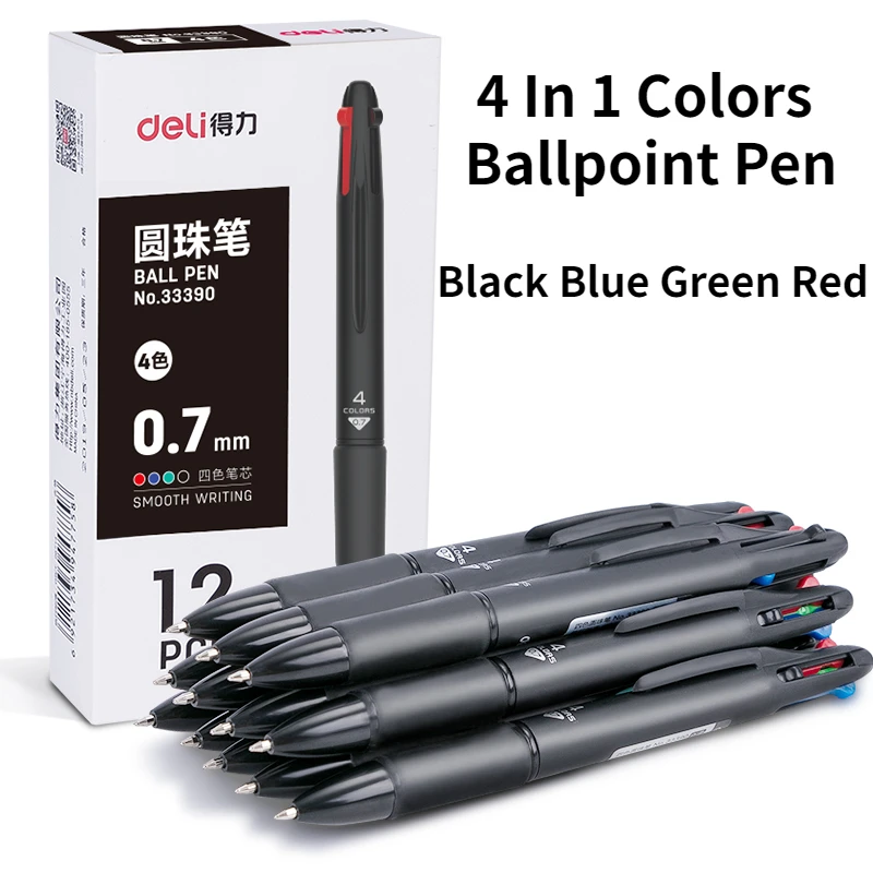 DELI Color Ballpoint Pen Black Blue Green Red 4 In 1 Colorful Bullet Ballpoint Pen 0.7mm Ink Refill School Office Stationery