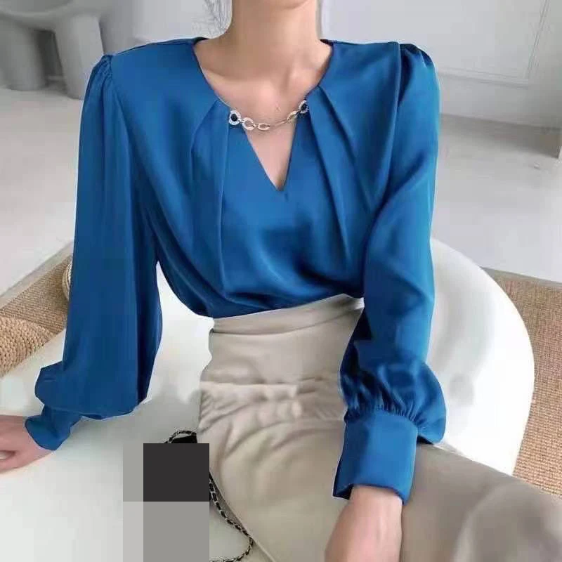 2022 new acetic acid satin shirt women's design sense niche lantern sleeves slim long-sleeved spring top
