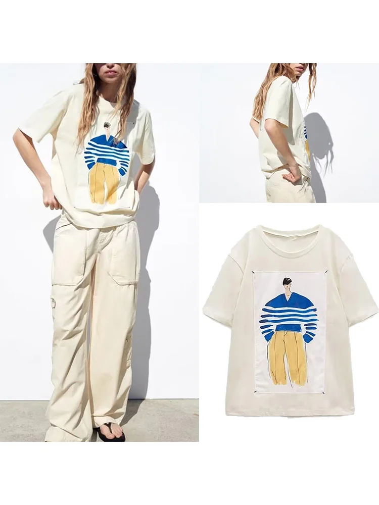 

Short-sleeved T-shirt casual all-match summer new women's clothing girl pattern loose cotton white top tide