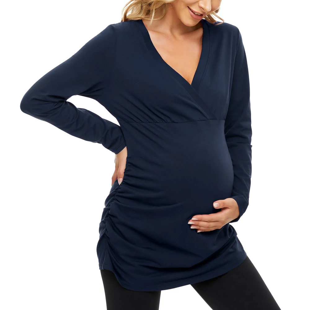

Maternity Shirts Long Sleeve V-Neck Pregnancy Clothes Pregnant Blouses Mama Casual Tunic Top Stretchy Comfortable Clothing