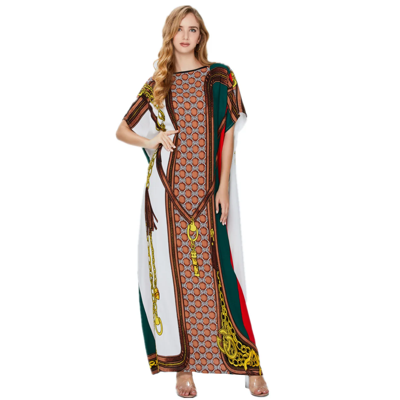 

Women's Long Muslim Fashion Dress Patchwork Casual Loose Short Sleeve O-Neck Maxi Dress Female Arabic Robe