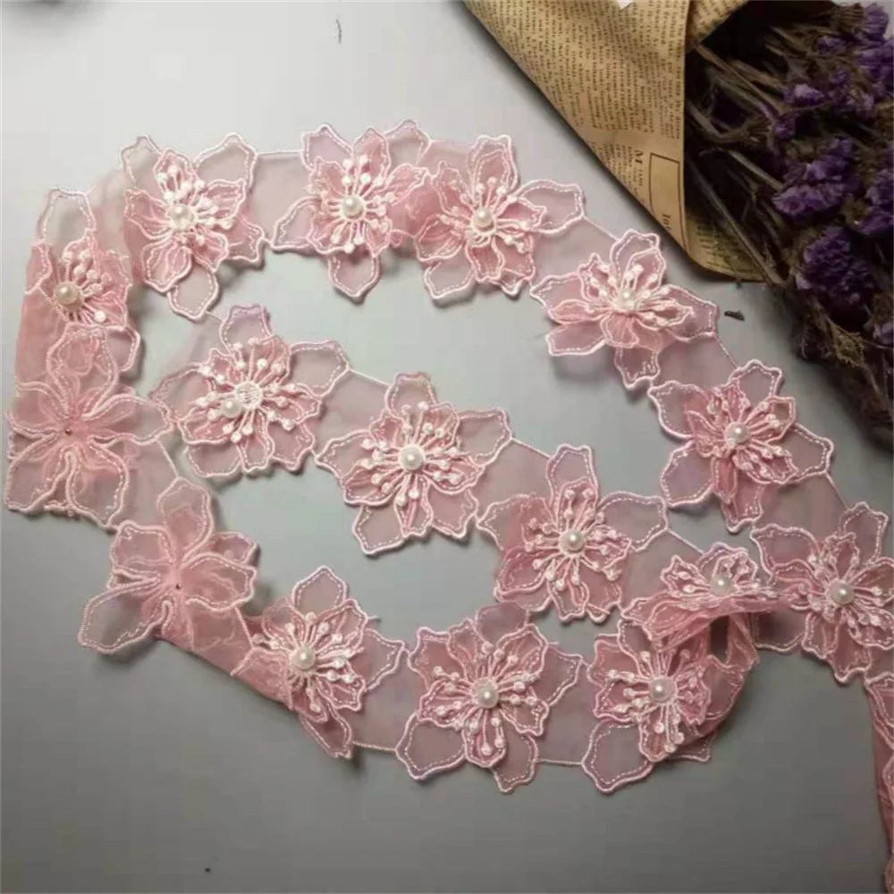 

1 yards Pink 8cm Pearl Flower Embroidered Lace Trim Ribbon Floral Applique Fabric Patches DIY Wedding Dress Sewing Craft