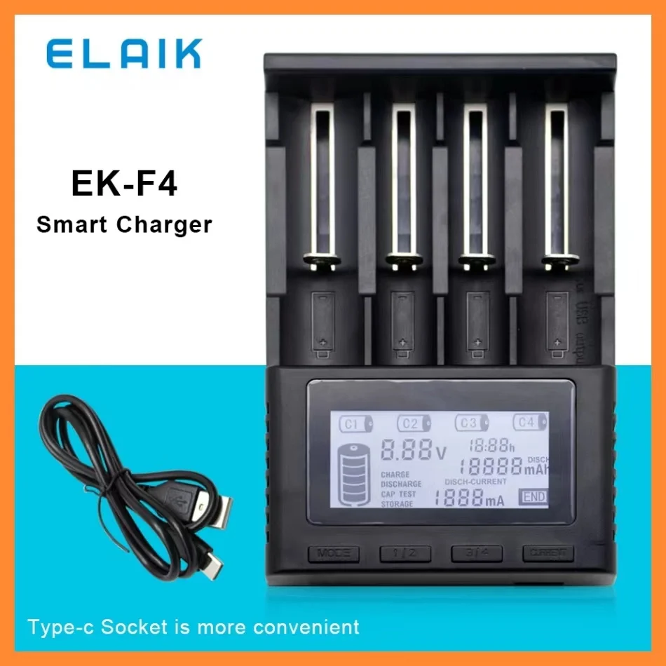 ELAIK EK-F4 1500 мАч ЖК-умное зарядное устройство Тестовая емкость 26650 18650 14500 21700 18500 18350 AA