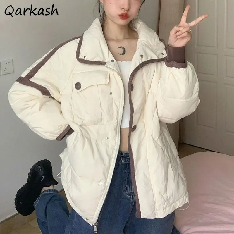 

Baggy Parkas Women Pockets Korean Fashion Clothing Winter Warm Thicken Girlish Preppy Panelled Personality Design Куртка Зимняя