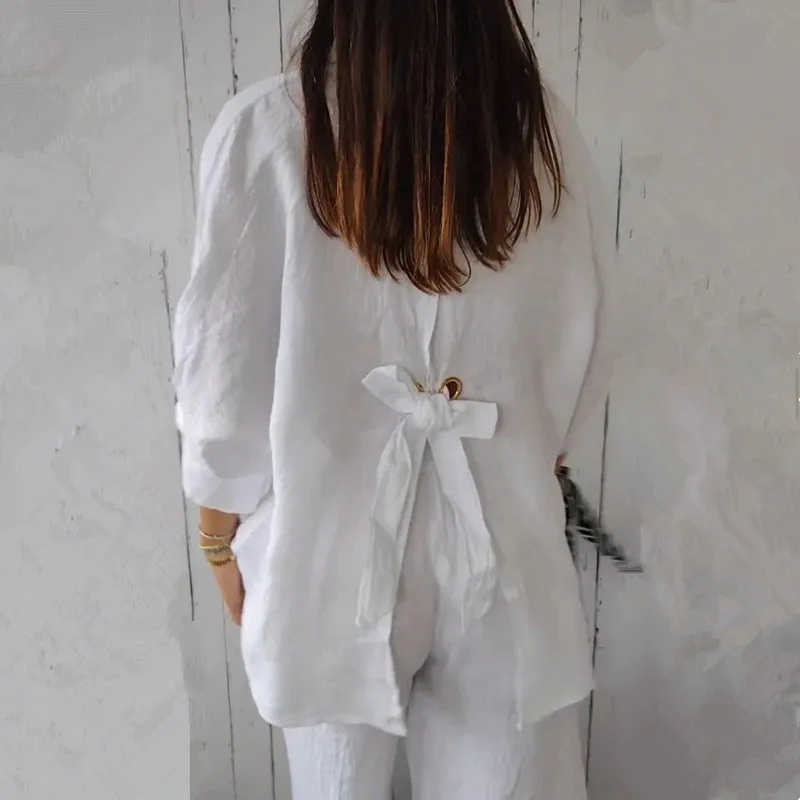 Новинка 2024 модная женская рубашка блузка из хлопка и льна однотонные топы со