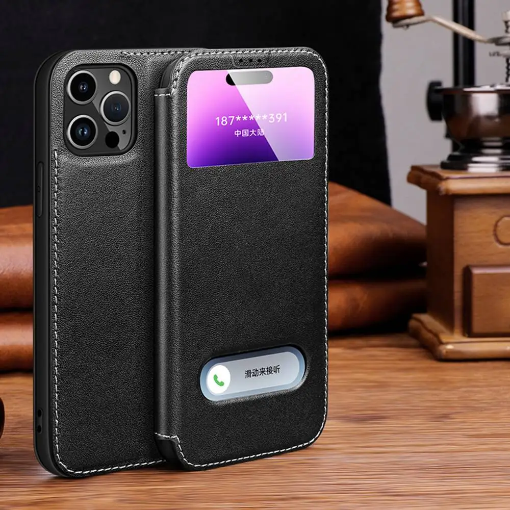

Genuine Leather Case For Iphone 14 Pro Max Case Window View Coque For Iphone 14Plus 14Pro Cover Magnetic Flip Protection Fundas