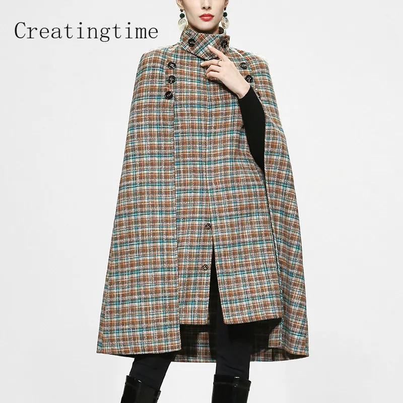 

Autumn Winter Women Cloak Stand Collar Wool Blends Coat Geometric Plaid Sleeveless Tweed Cape Outerwear Long Shawl Jacket 1B383