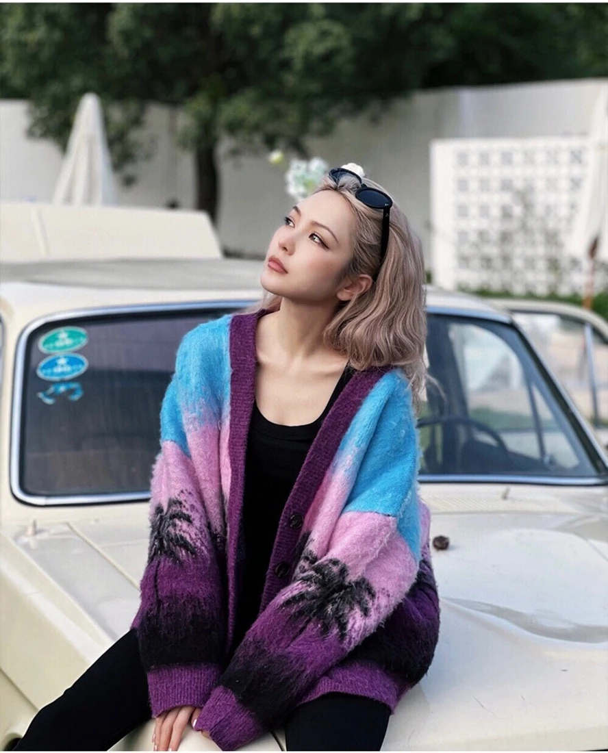 

Женский трикотажный жаккардовый кардиган, мягкий однобортный мохеровый свитер с V-образным вырезом и принтом кокосового дерева, зима 2022