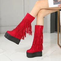 winter women tassel shoes platform snow boots female outside lady girl wedges high heels red black casual knee high boots g0079