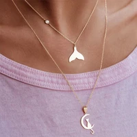 2 sets of titanium steel gold pendant clavicle chain european and american stainless steel moon cat mermaid pendant necklace