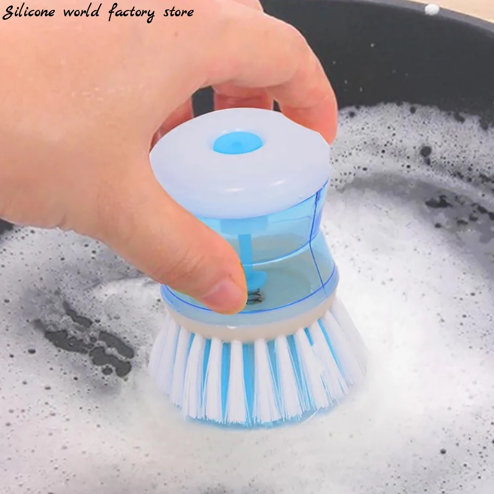 

Silicone world Kitchen Cleaning brush Cleaner Handheld Press Type Automatic Liquid Adding Dishwashing Dish Brush Pot Artifact