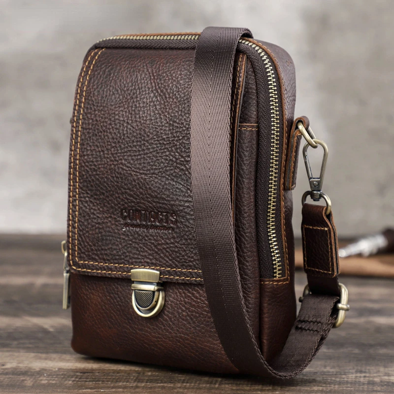 Men's Waist Packs Casual Retro Soft Genuine Cow Leather Cross Belt Hasp Mobile Pocket Shoulder Bag