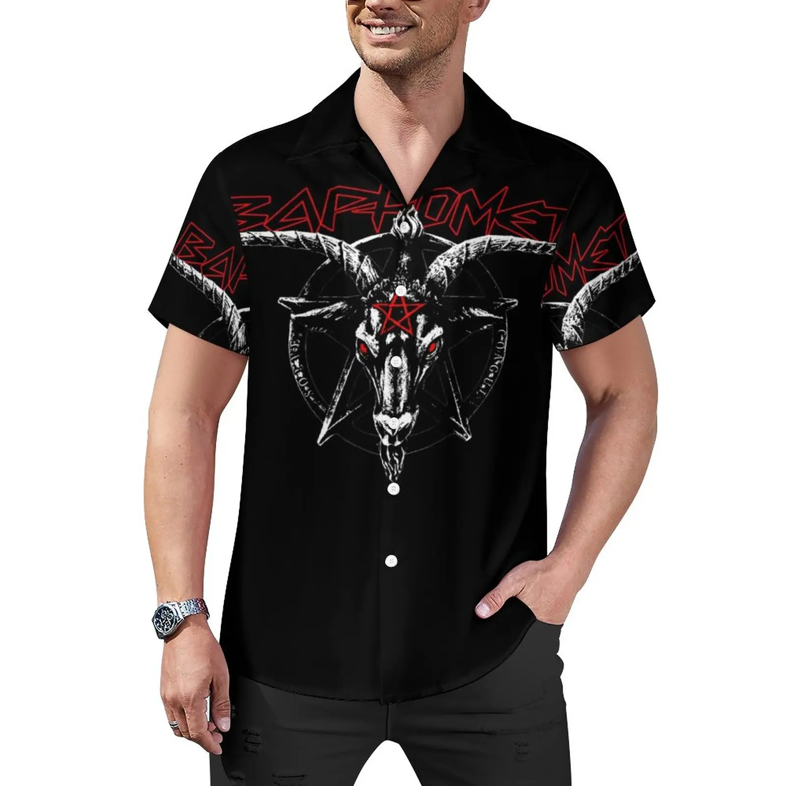 

Baphomet Sabbatic Goat Devil Casual Shirts Satan Steven Rhodes Vacation Shirt Hawaiian Cool Blouses Male Custom Plus Size 4XL