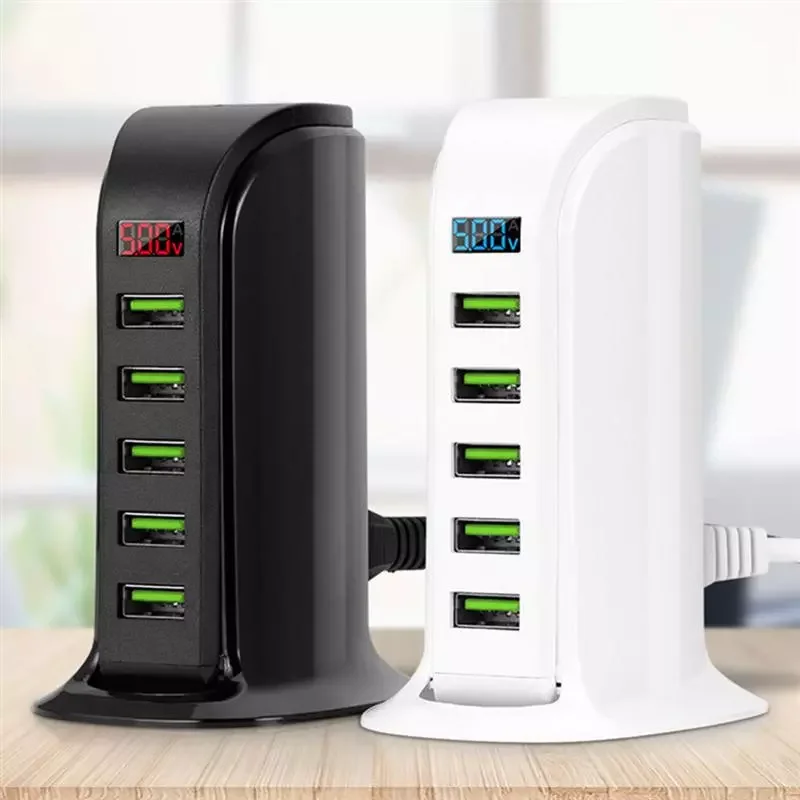 

5 Ports USB Charger 5V/4A Multi Ports Adapter Smart Digital Display Charger USB Hub Desktop Extension US EU UK Plug Cable