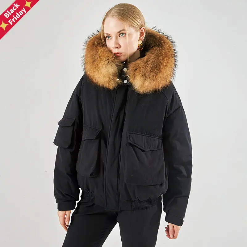 

Женская Классическая куртка на утином пуху, теплая Толстая Классическая куртка на молнии с карманами и откидным воротником из натурального...