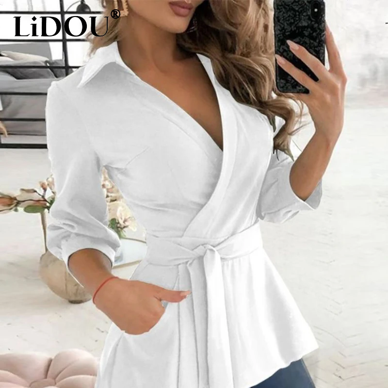 

Spring Autumn Deep V-neck Waist Lace Up Shirt Ladies Slim Casual Solid Color Blouse Women's Elegant Fashion Top Female Clothes