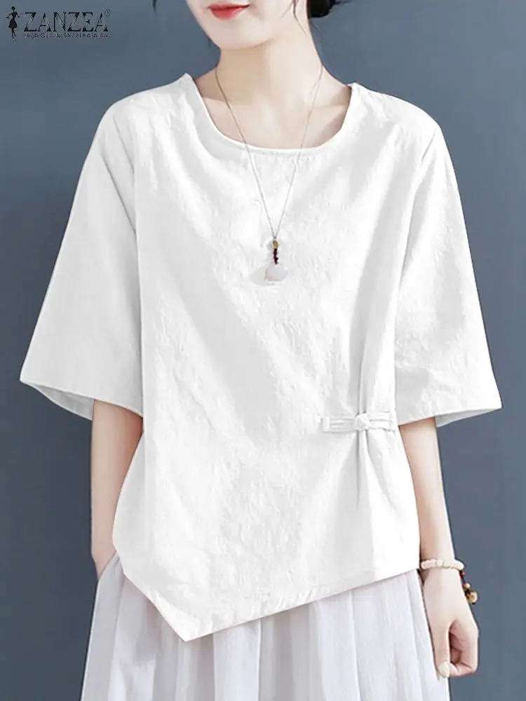 

ZANZEA Summer Women Oversized Blouse Half Sleeve O-Neck Solid Color Loose Tops New Female Fashion Casual Elegant Holiday Shirt