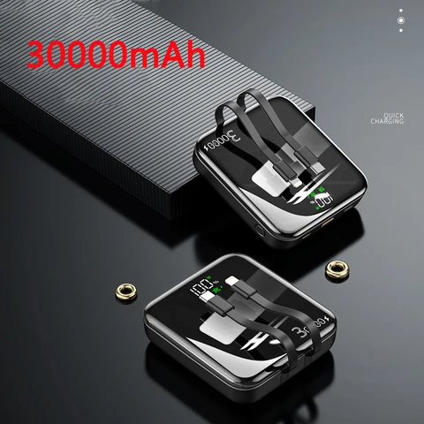 30000 мАч Mini Power Bank Внешний аккумулятор PD 40 Вт Powerbank с быстрой зарядкой для iPhone 15 14 Xiaomi Samsung Poverbank с кабелем