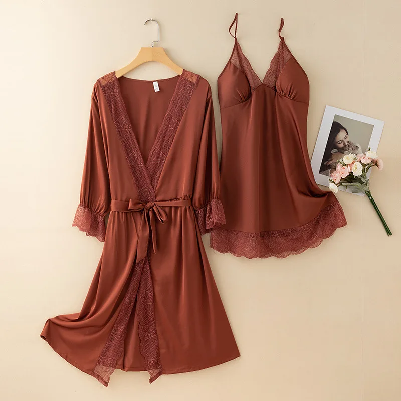 

Backless Kimono Bathrobe Set Women Sleepwear Satin 2 Pieces Robe&Chemise Nightgown Suit Lace Trim Nightwear Bridal Loungewear