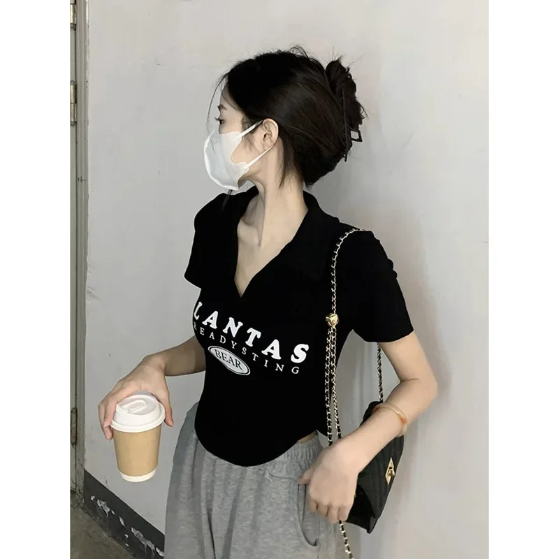 Черный укороченный топ с v-образным вырезом и высокой талией женская летняя