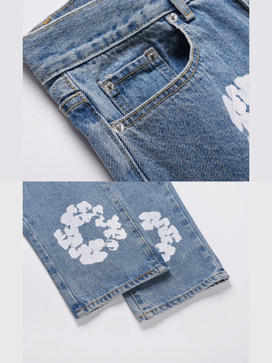 Four Seasons European Vibe Style Cotton Print Vintage Men Pencil Jeans Pants Washed Hip Hop Women Slim Kpop Denim Trousers JEANS