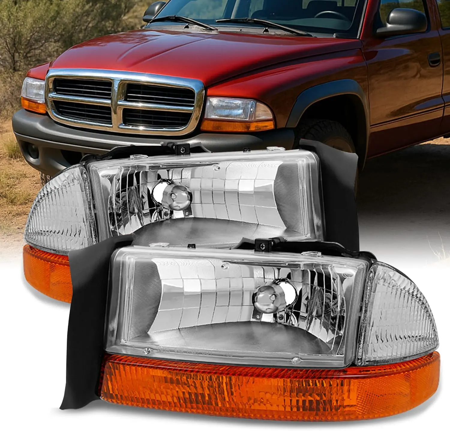 

Sulinso подходит для Dodge Dakota 1997-2004 годов выпуска | Комплект хромированных фар (левая и правая) с указателями поворота для Durango 98-03