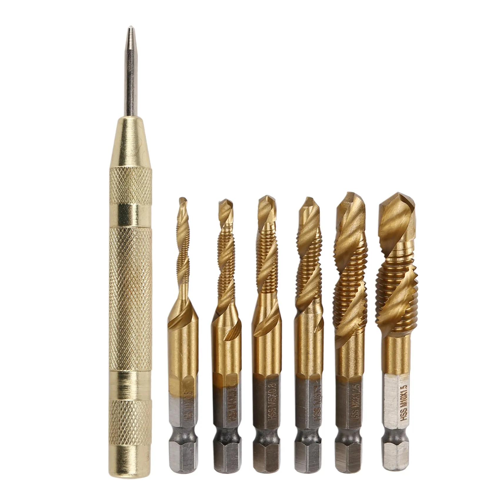 

1/4 inch HSS Spiral Hex Shank Combination Drill Screw Tap Bit Set (M3-M10) With Automatic Spring Loaded Center Punch Tool